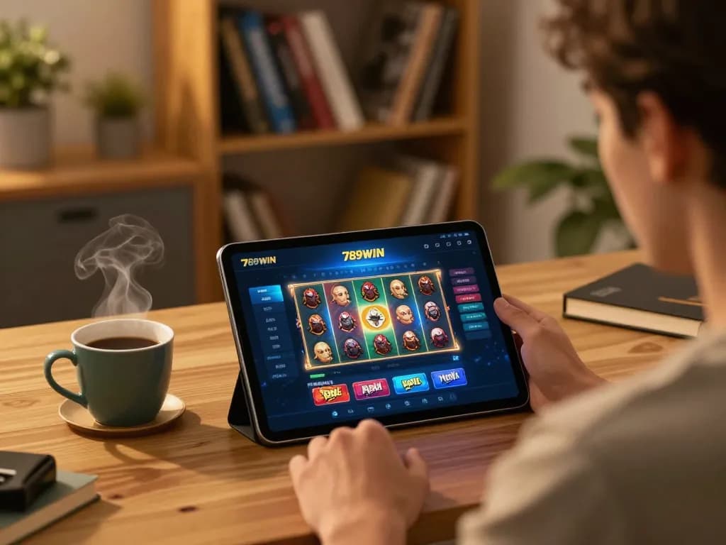 Engaging home gaming scene showing a player using 789WIN platform on tablet.