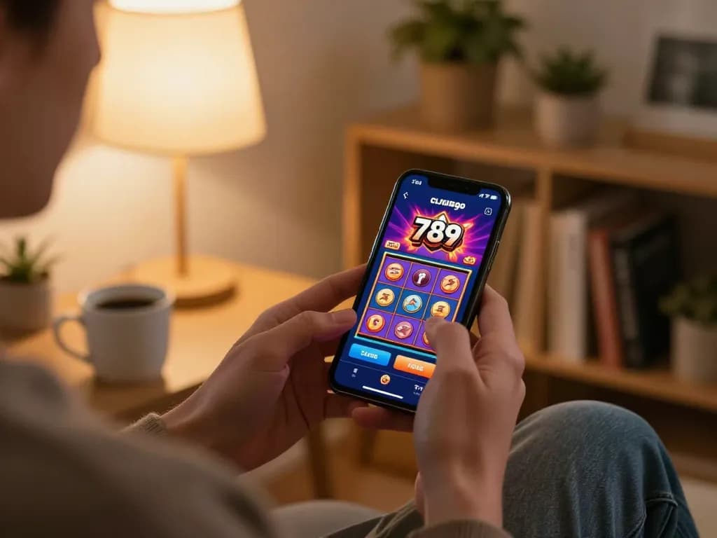 Player enjoying gaming on 789clubgo app, engaging with vibrant slot machine screen in cozy setup.