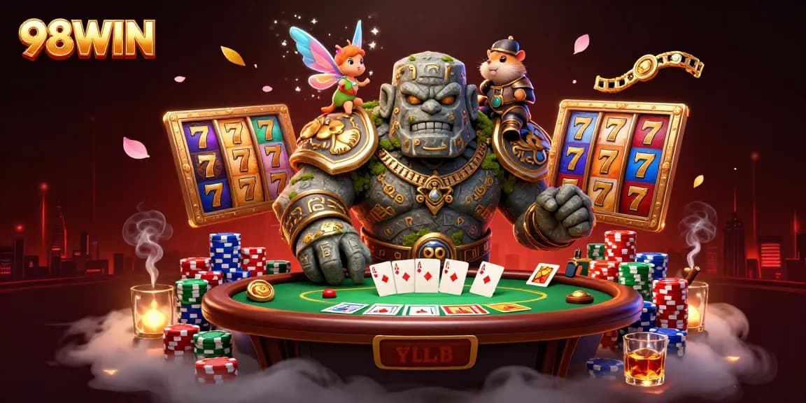 Experience the thrill of 98WIN with a vibrant 3D golem and fairy in a lively casino environment.