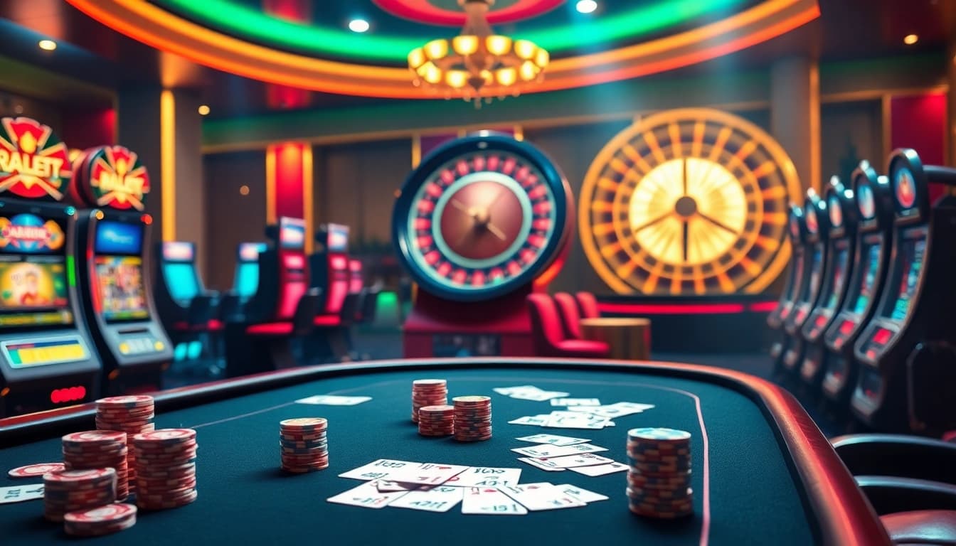 An exciting online gambling experience at https://8kbetbh.com/ featuring vibrant casino tables, slot machines, and roulette wheels.