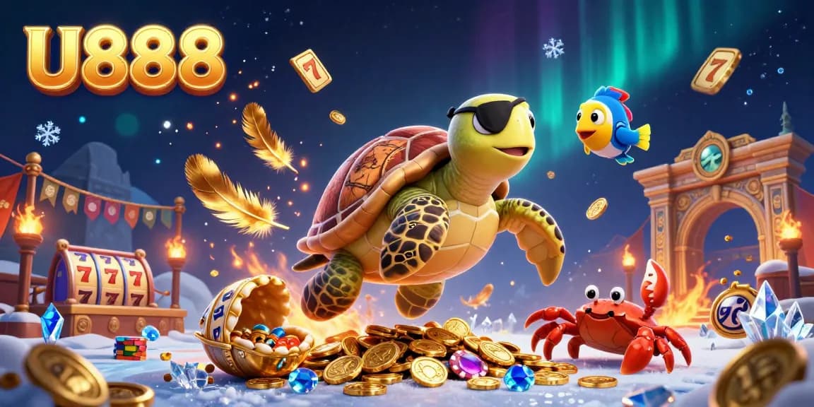 Win exciting treasures with U888's thrilling casino adventure featuring a pirate turtle, hermit crab, and parrotfish.