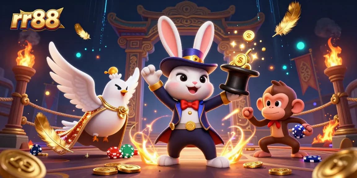 Experience thrilling gameplay at rr88, where the 3D magician rabbit unveils golden coins amidst a vibrant casino scene.