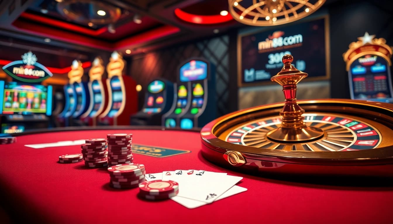 A vibrant casino scene showcasing poker chips and roulette wheel, celebrating min88 com gambling excitement.