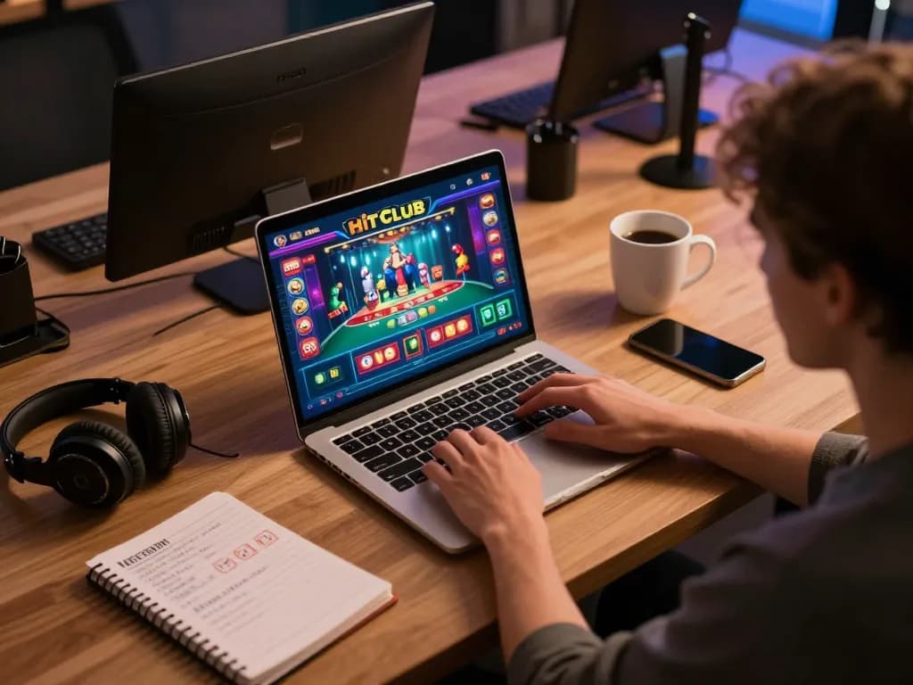 Engaging in online games at hitclub with colorful graphics on the laptop and strategic notes