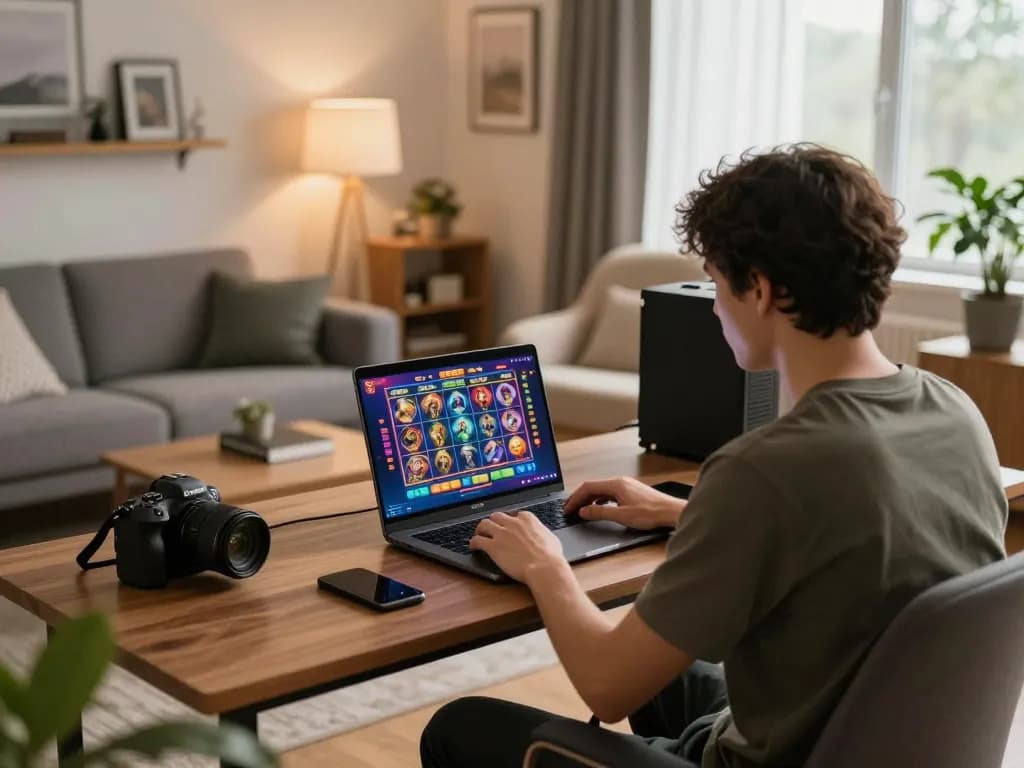Engaged user playing slot games on a laptop at home, showcasing 78WIN's vibrant gaming interface.