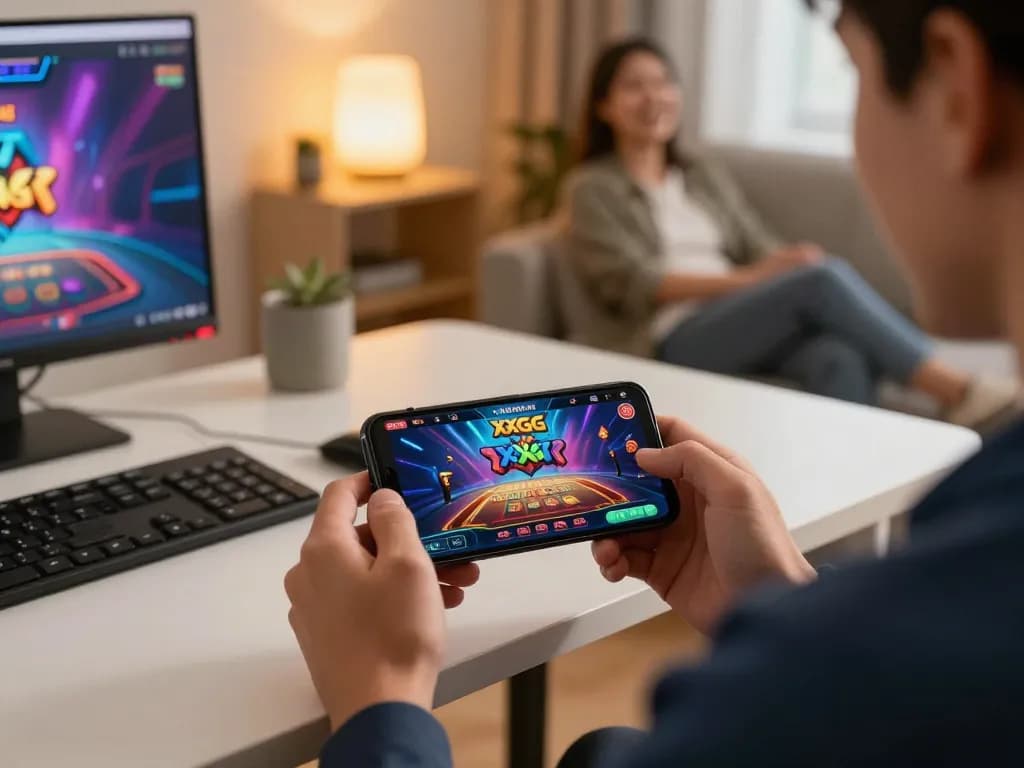 Player enjoying the XXGG app on smartphone in cozy home setting with warm lighting.
