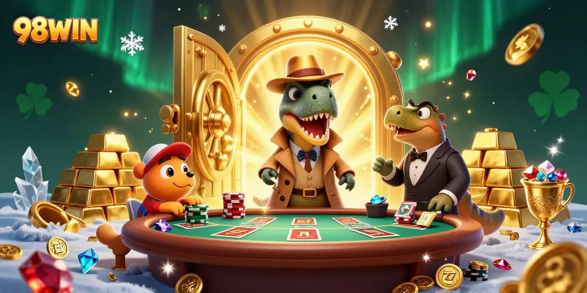 Experience thrilling gameplay with 98WIN featuring a velociraptor card counter at a blackjack table.