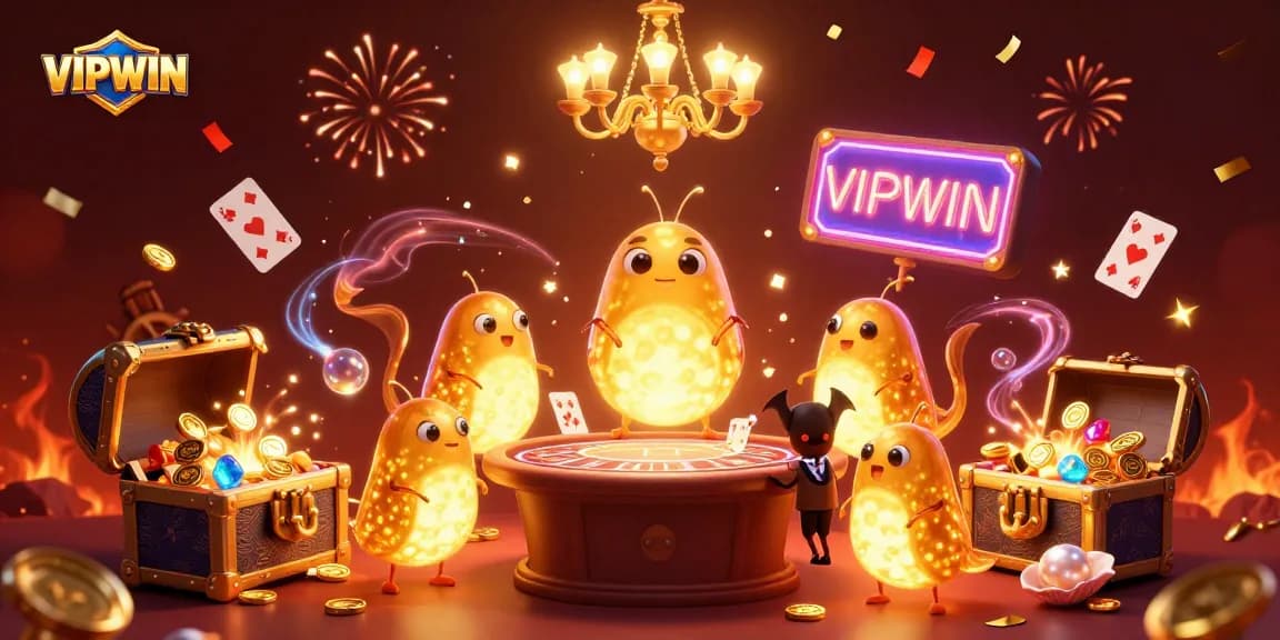 Experience the thrill at VIPWIN casino with glowworms lighting the scene, featuring rich treasures and festive confetti.