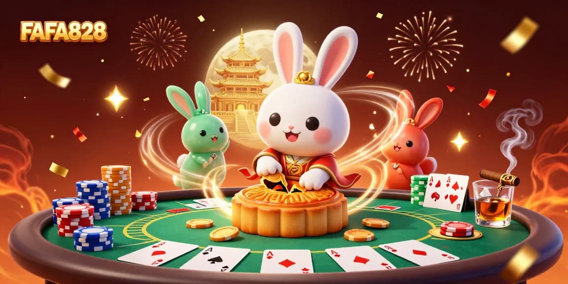 Engage with the vibrant FAFA828 poker scene featuring moon rabbits and golden mooncakes.