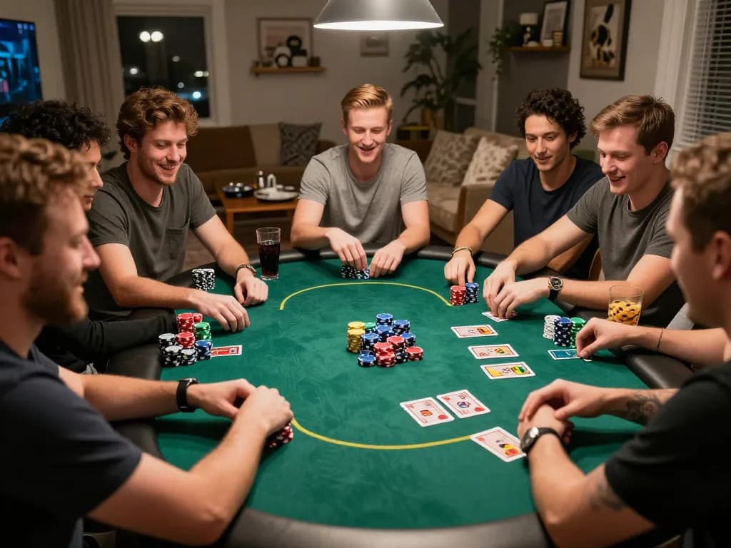 Friends placing bets during an exciting poker game at home, showcasing fooballl theme in a warm social setting