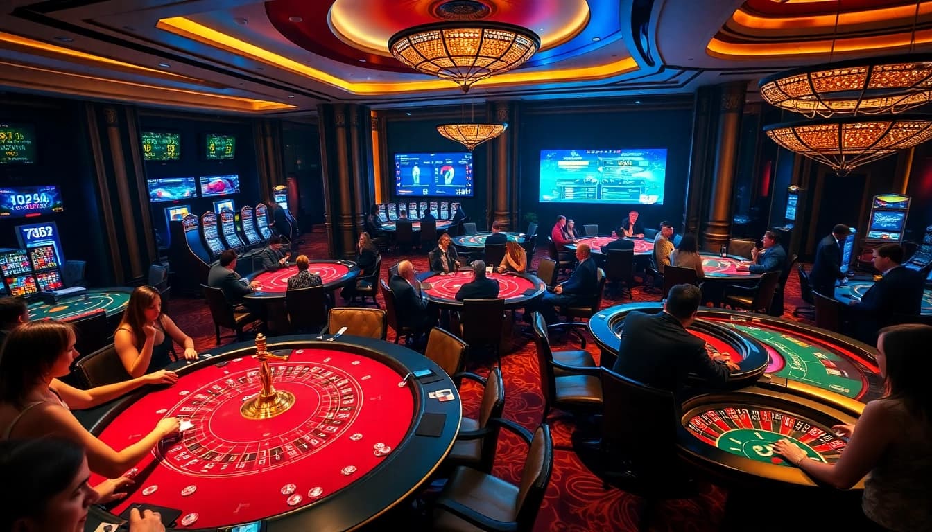Players enjoying high-stakes games at 789P casino with blackjack and roulette tables in a luxurious setting.