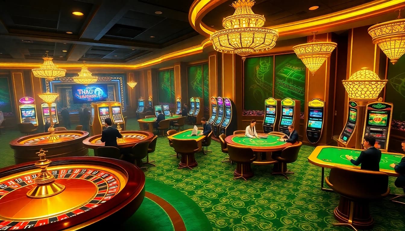 Engaging gambling scene at 5gbetbr.com.br featuring vibrant slot machines, roulette, and players enjoying high-stakes games.