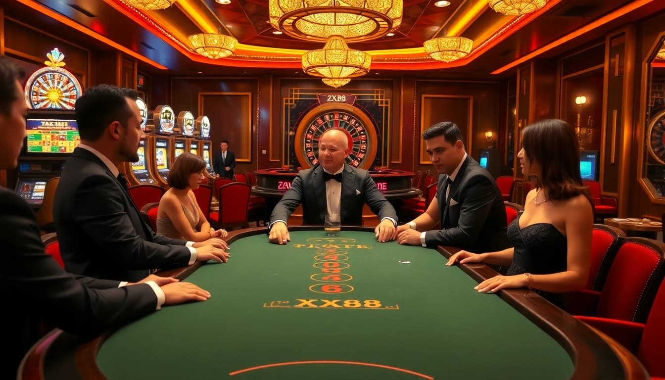 Engaging players at a high-stakes ZX88 poker table within a luxurious casino.