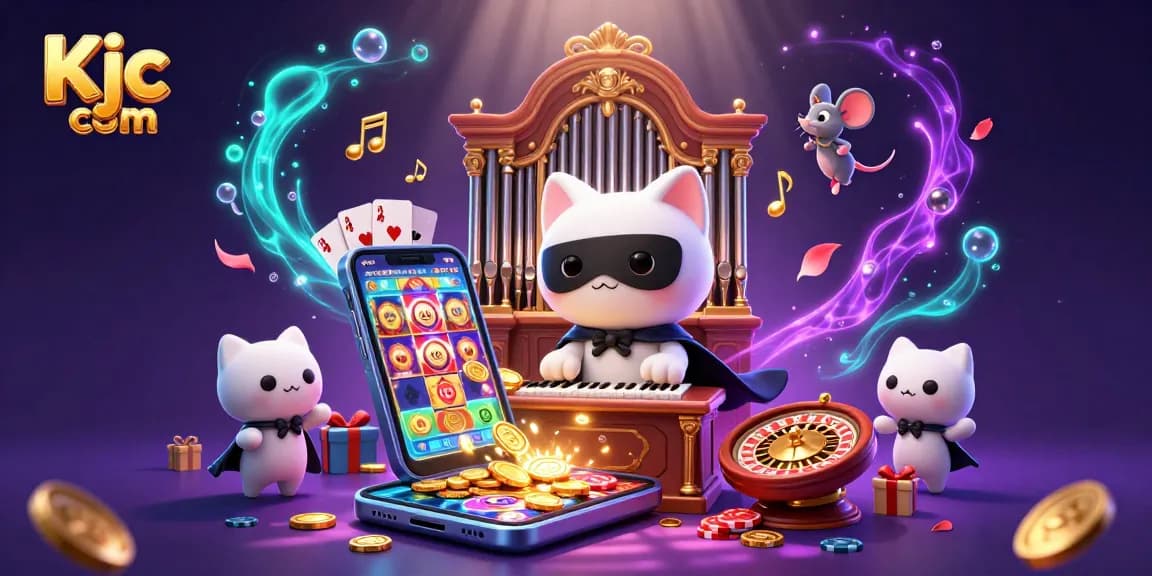 Spin the reels at Kjc com with a stunning casino illustration of golden coins, slot games, and fantasy characters.