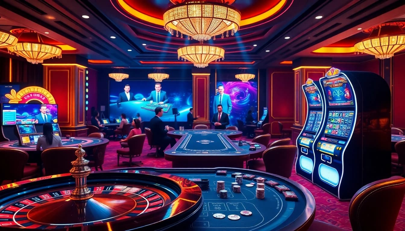Players enjoy vibrant online gaming at https://bet88best.com/ with a high-tech roulette wheel and poker chips.