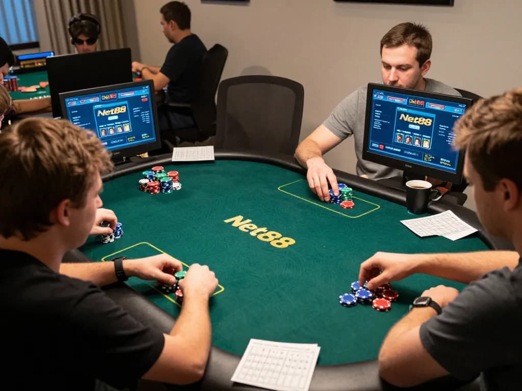Players strategizing during an intense game at Net88's online casino.