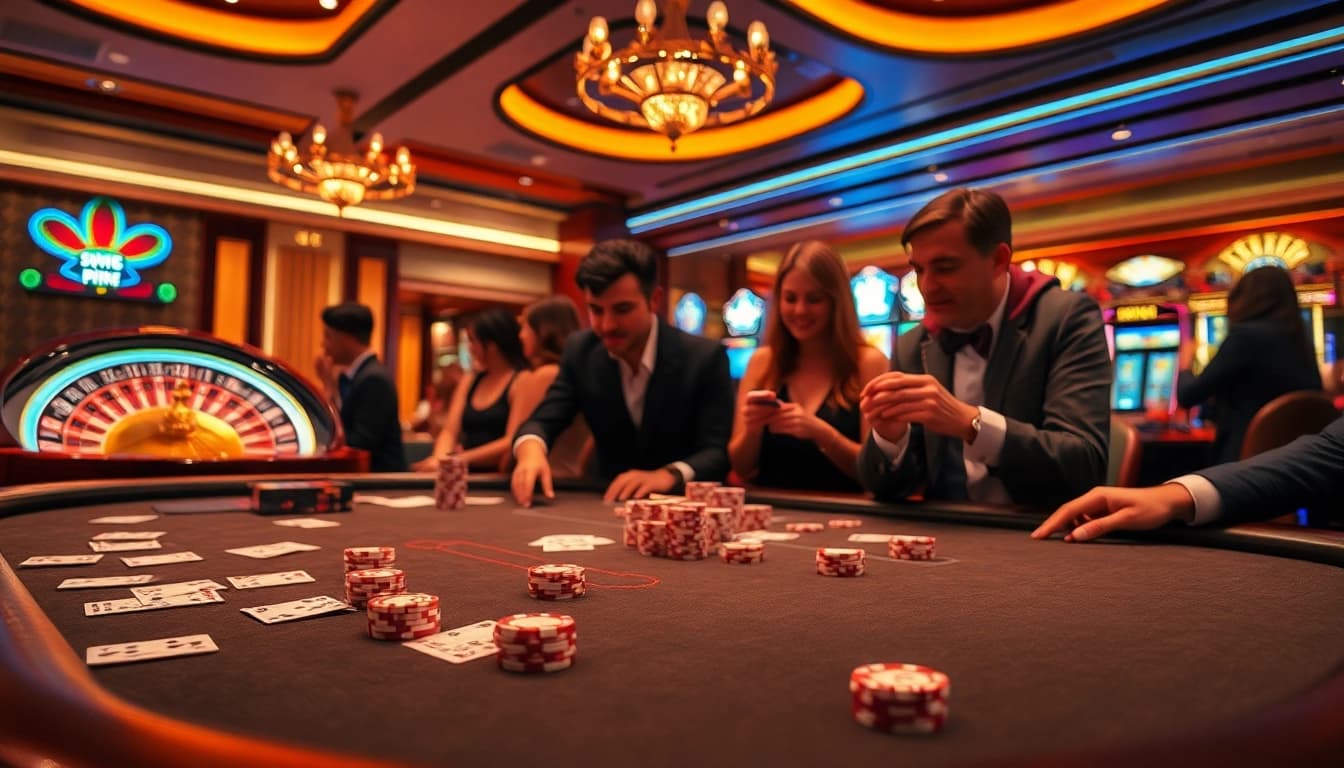 Experience thrilling gameplay at sv66 with an elegant casino scene showcasing poker, roulette, and vibrant slot machines.