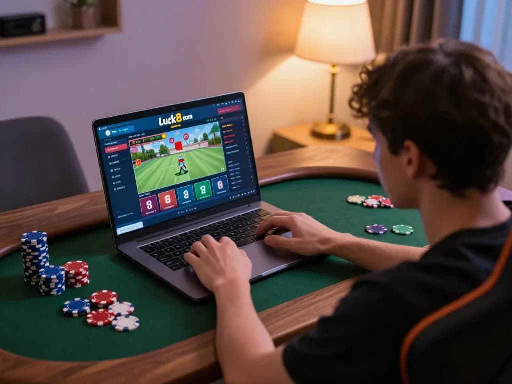 Person engaged in online gameplay on luck8 com with poker chips and warm lighting in the background.