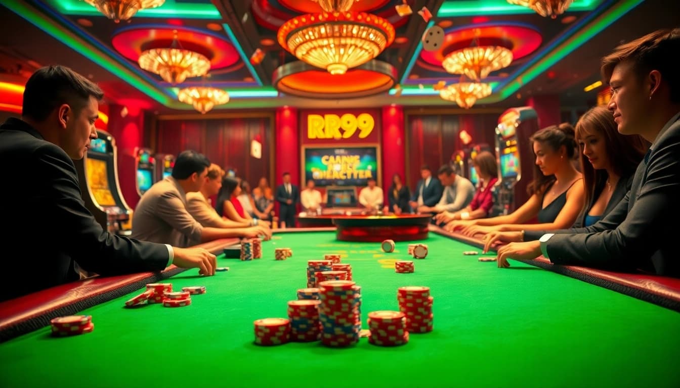 Players betting strategically at a luxurious casino table showcasing rr99 poker chips.