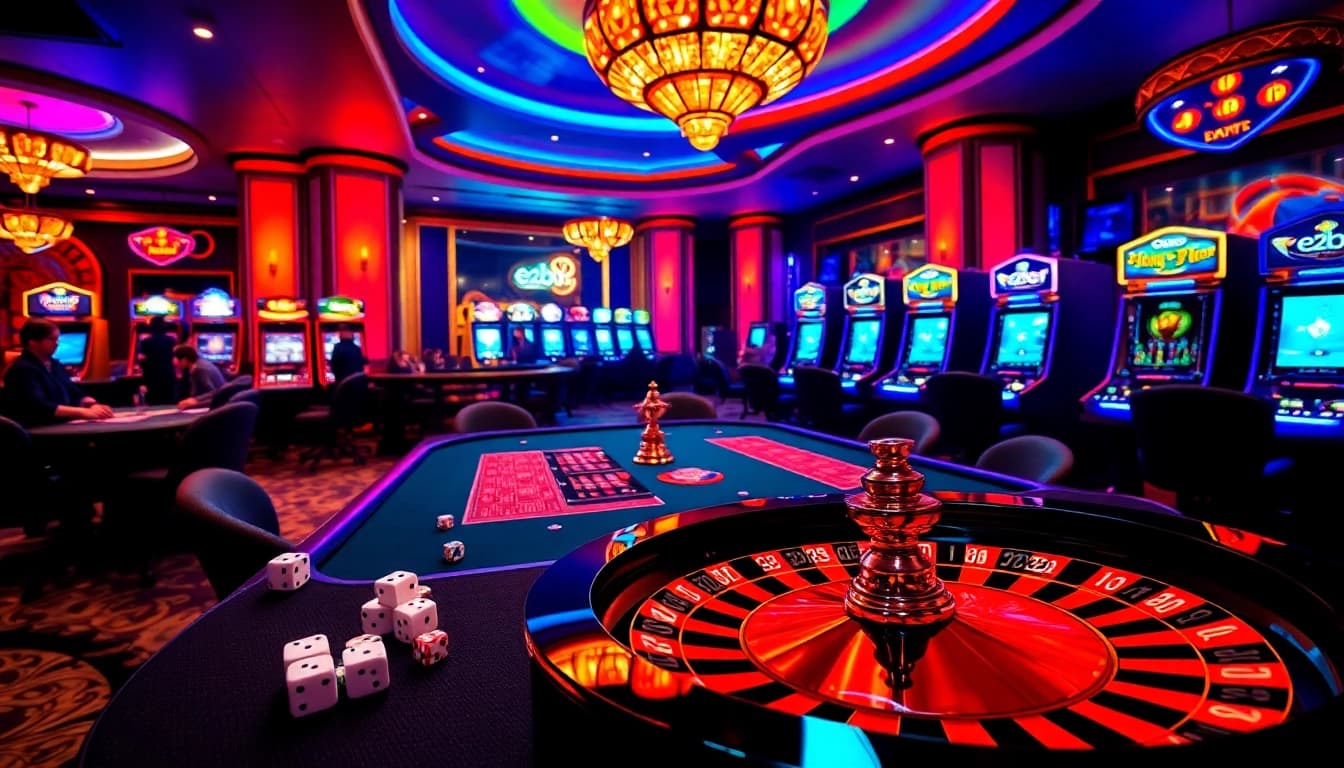 Experience thrilling gameplay at e2bet .com through an enticing casino scene featuring poker, roulette, and lively slot machines.