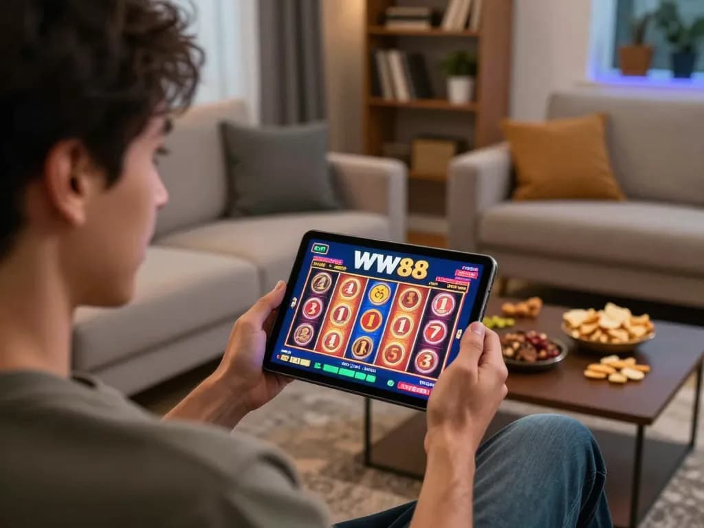 Experience thrilling gaming on WW88 with mobile slots in a cozy home setting.