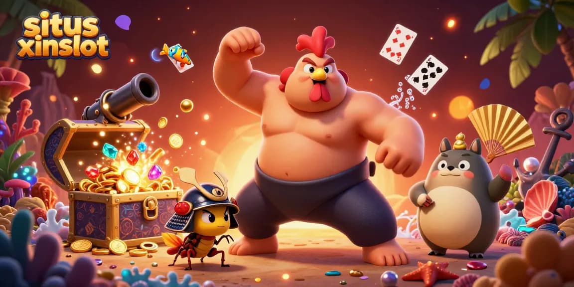 Engage with situs xinslot through the thrilling 3D illustration featuring dynamic casino characters.