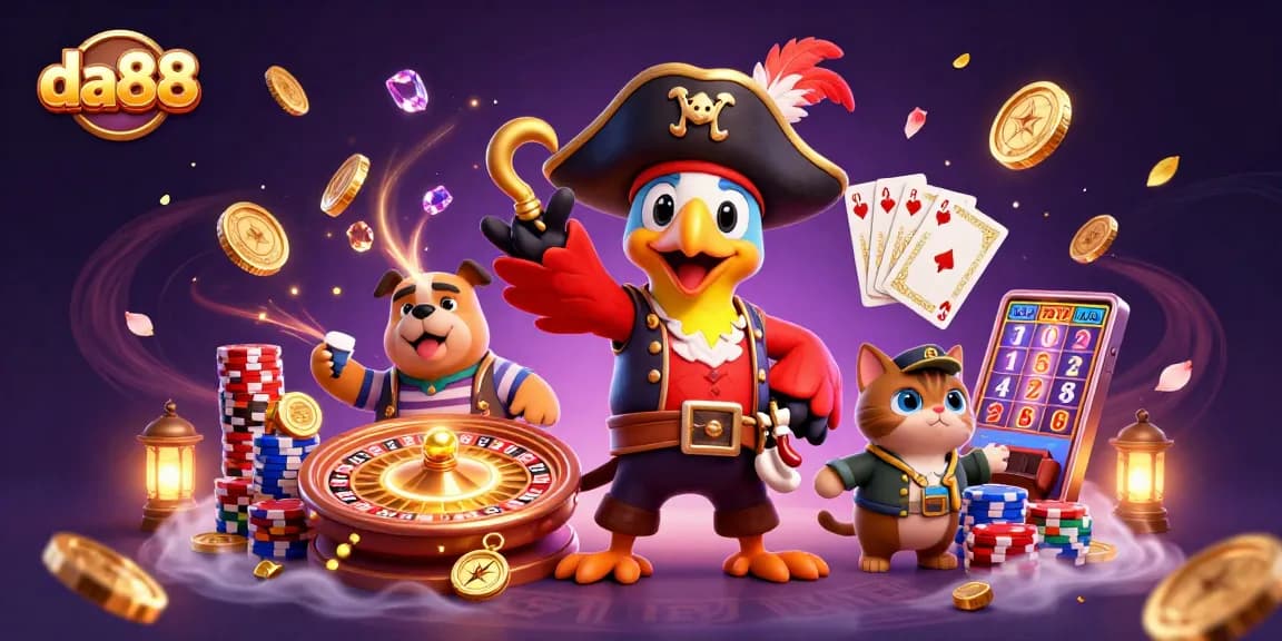 Spin the reels with da88, a vibrant casino scene featuring characters, poker chips, and treasures.