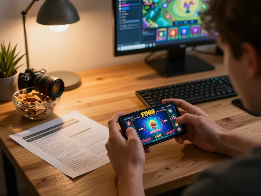 Person actively using the FO88 casino app on a smartphone in a cozy home gaming setup.