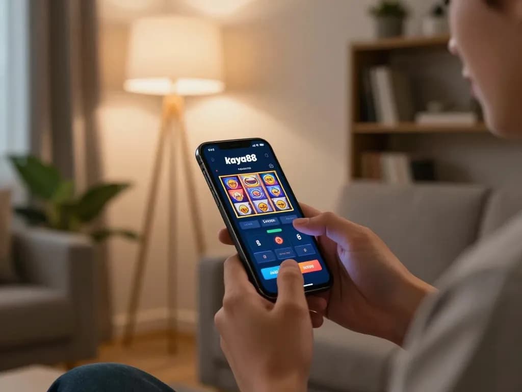 Kaya88 slot login app gameplay on smartphone in a cozy home setting.