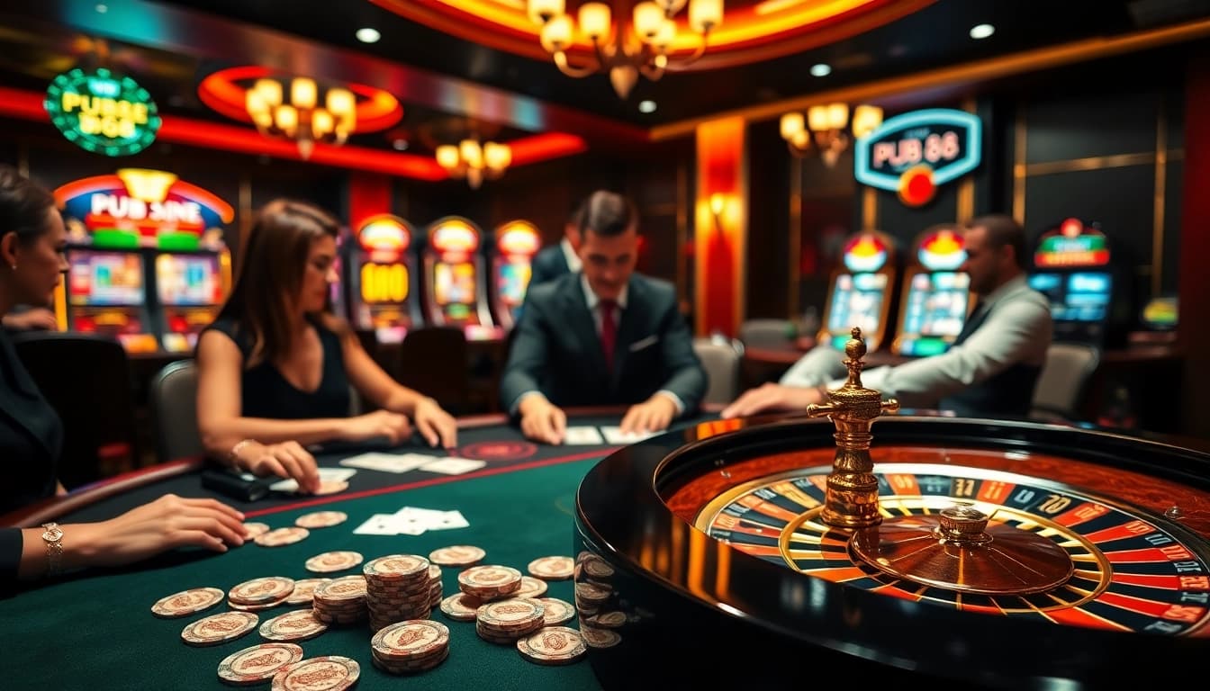 PUB 88 casino scene with players enjoying card games and vibrant gambling atmosphere.