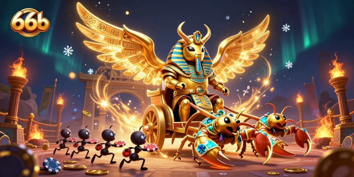 Engage in casino excitement with 66b, featuring a dazzling scene of a golden scarab beetle chariot.