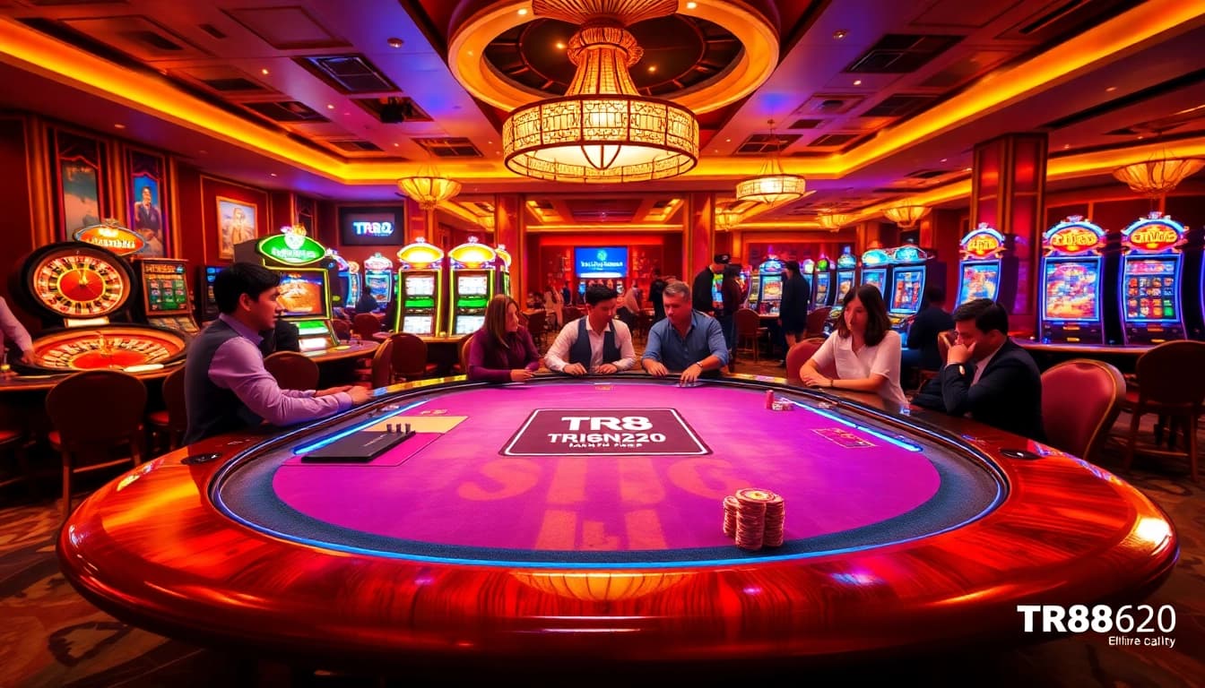 Players enjoy an engaging game at the TR88 poker table, surrounded by a vibrant casino atmosphere.