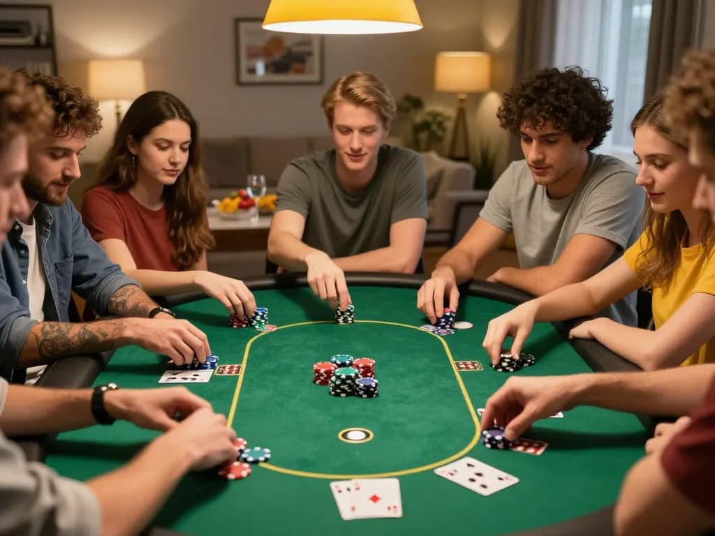 Friends engaged in a poker game at home, showcasing MM88 chips and intense strategy moments.