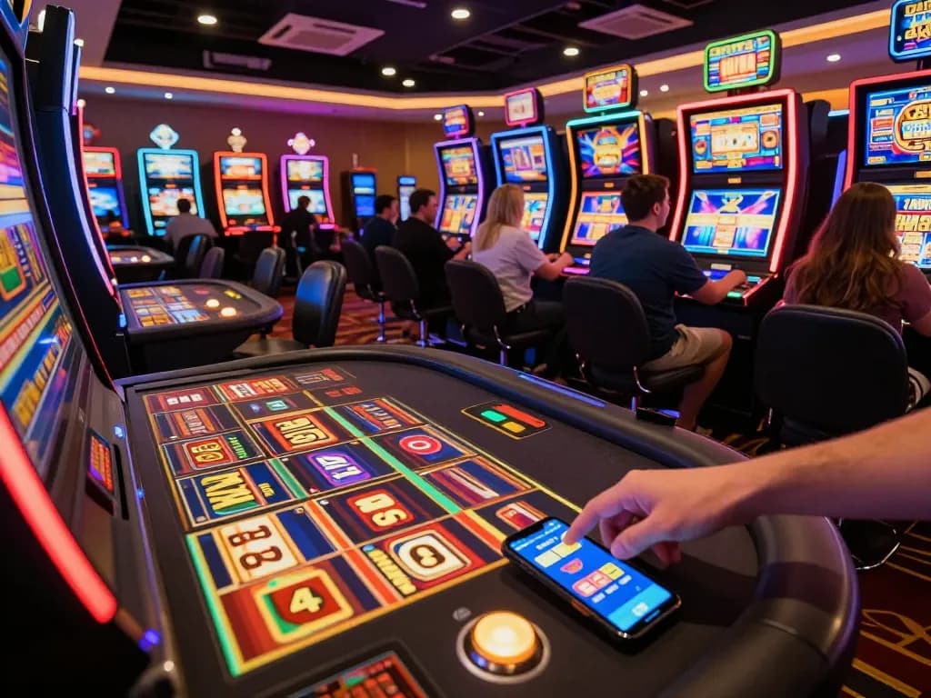 Play at VMAX online casino, pressing the spin button on vibrant slot machines highlighting a dynamic gaming atmosphere