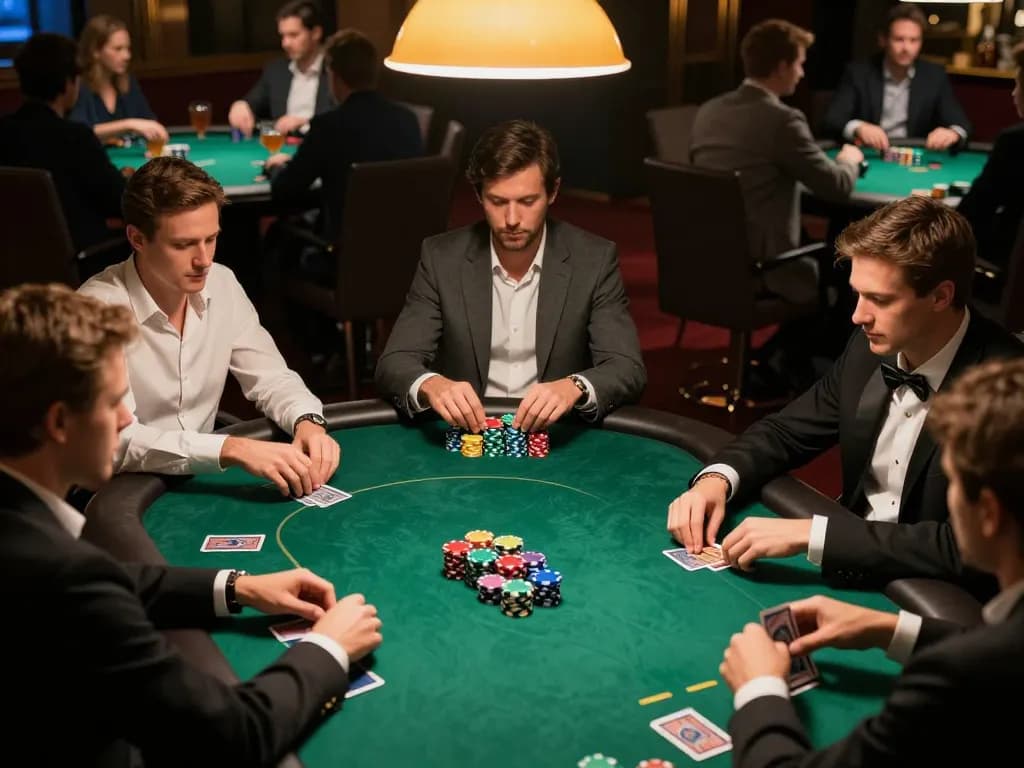FC88 poker gameplay in an upscale room, players intensely focused on cards and chips.