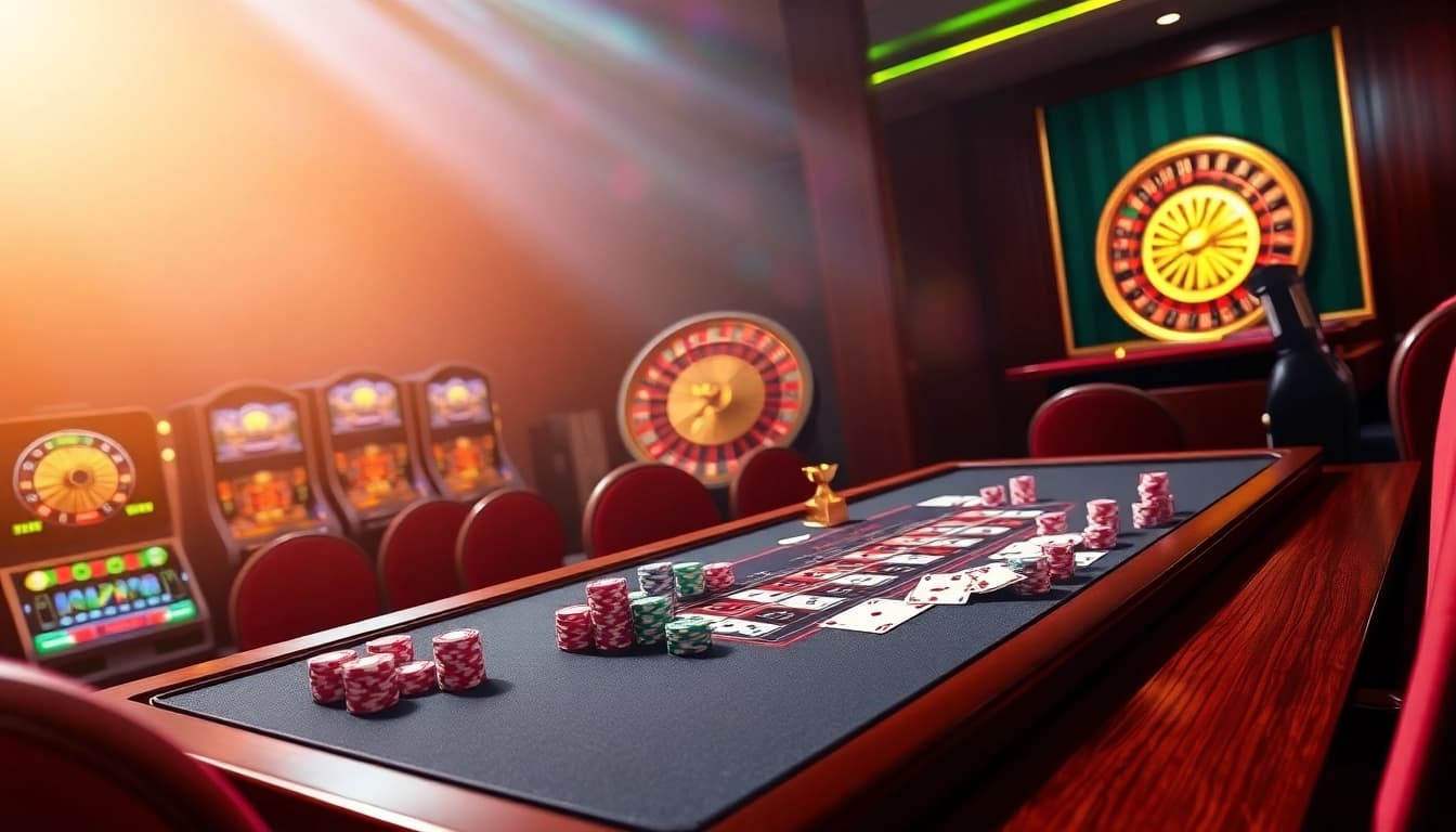 Dynamic online gambling scene showcasing Nhà cái v7sb with poker chips, cards, and roulette.