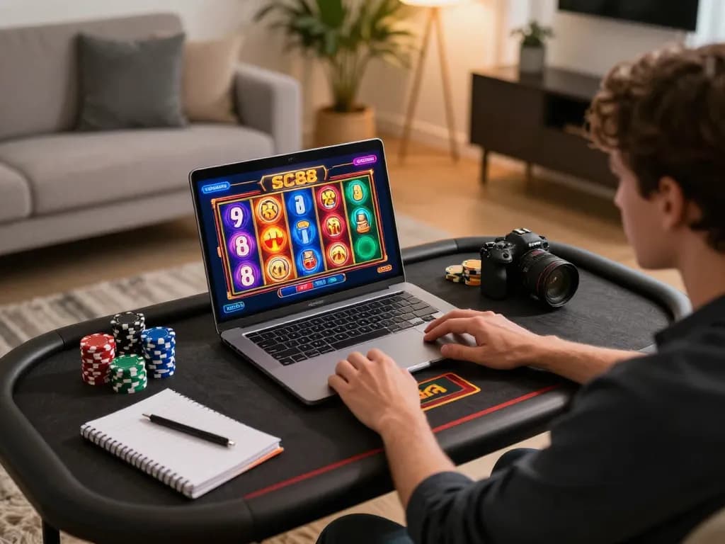 Engaging in SC88 online slots on laptop while tracking bets in a cozy living room
