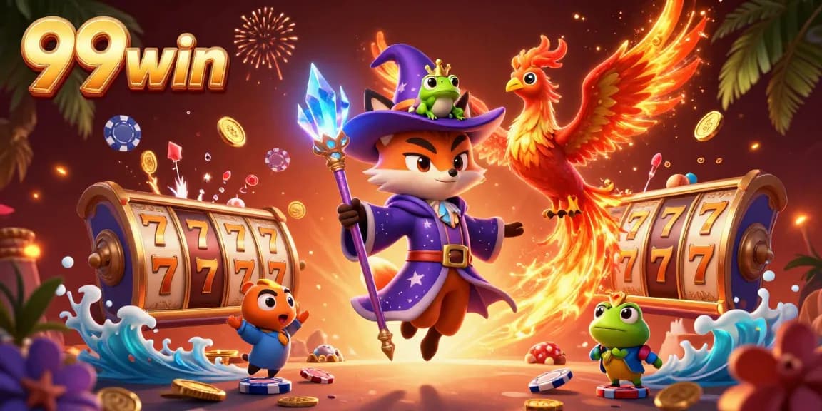 Experience thrilling gameplay with 99win's mystical wizard and phoenix amidst vibrant casino elements.