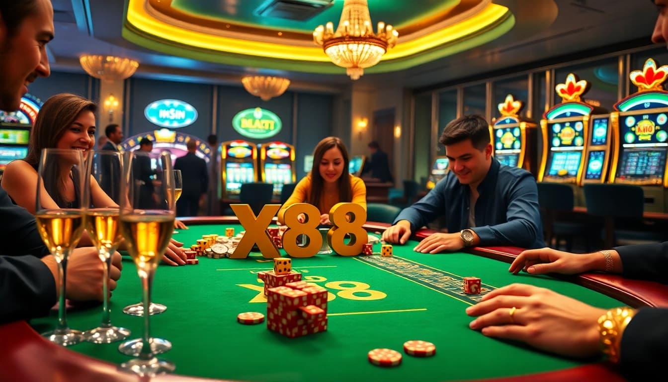 X88 casino game table with vibrant casino chips and high-end decor showcasing excitement.