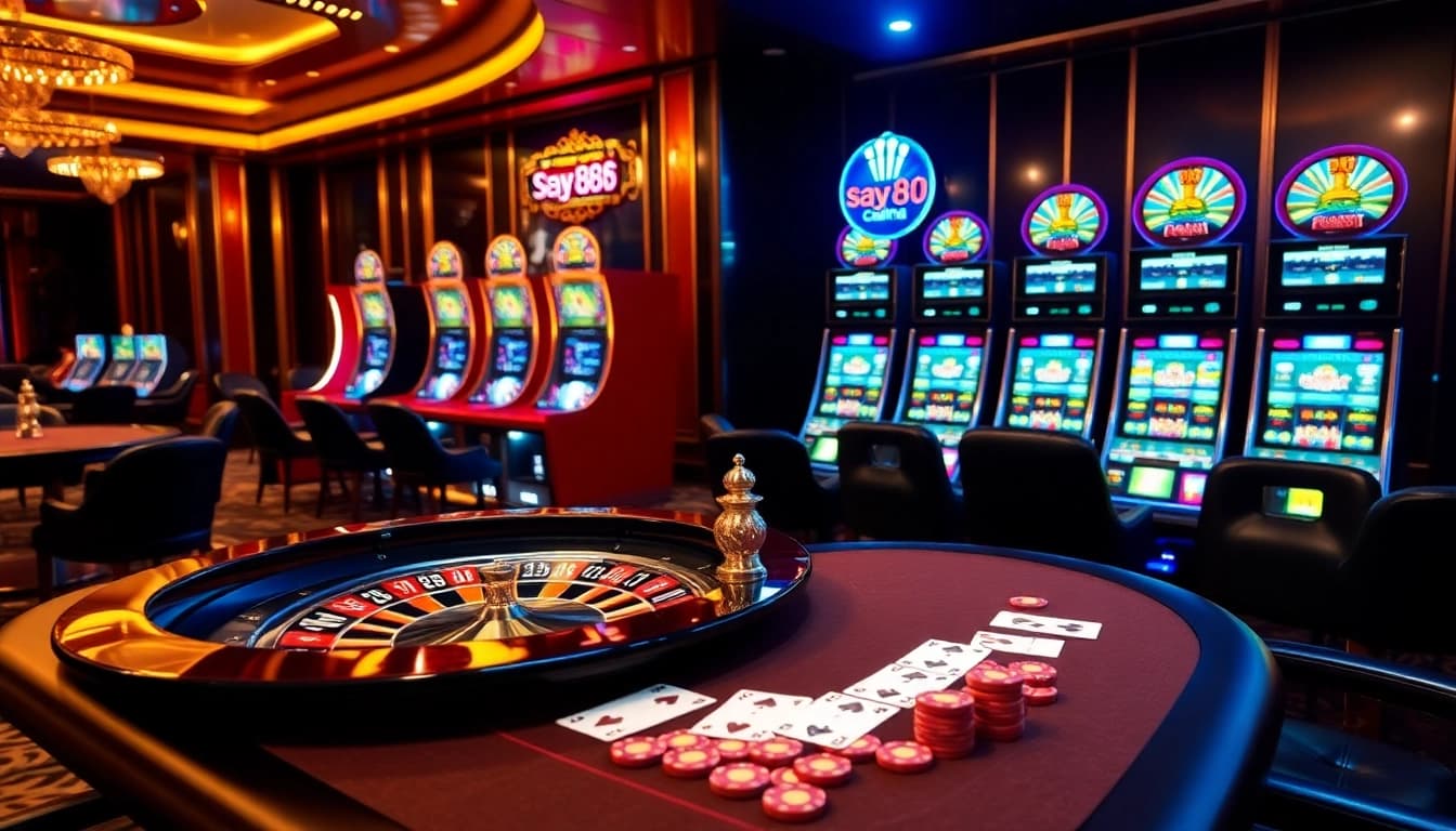 SAY88 players celebrating wins at an exciting casino table with vibrant roulette and lively atmosphere.