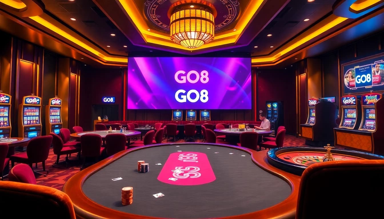 Experience thrilling gameplay at GO8 casino with poker tables, roulettes, and vibrant gambling ambiance.