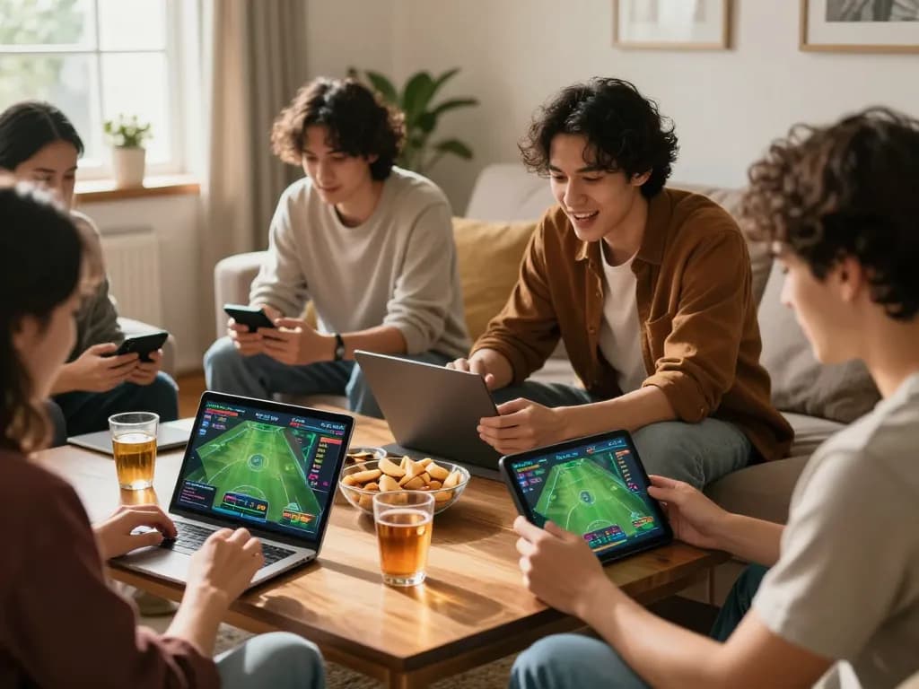 Friends using go8 platform for online sports betting during a cozy home gaming night