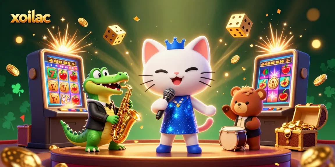 Xoilac entertains with a jazz-singer cat, crooning in a casino, showcasing vibrant gaming excitement.