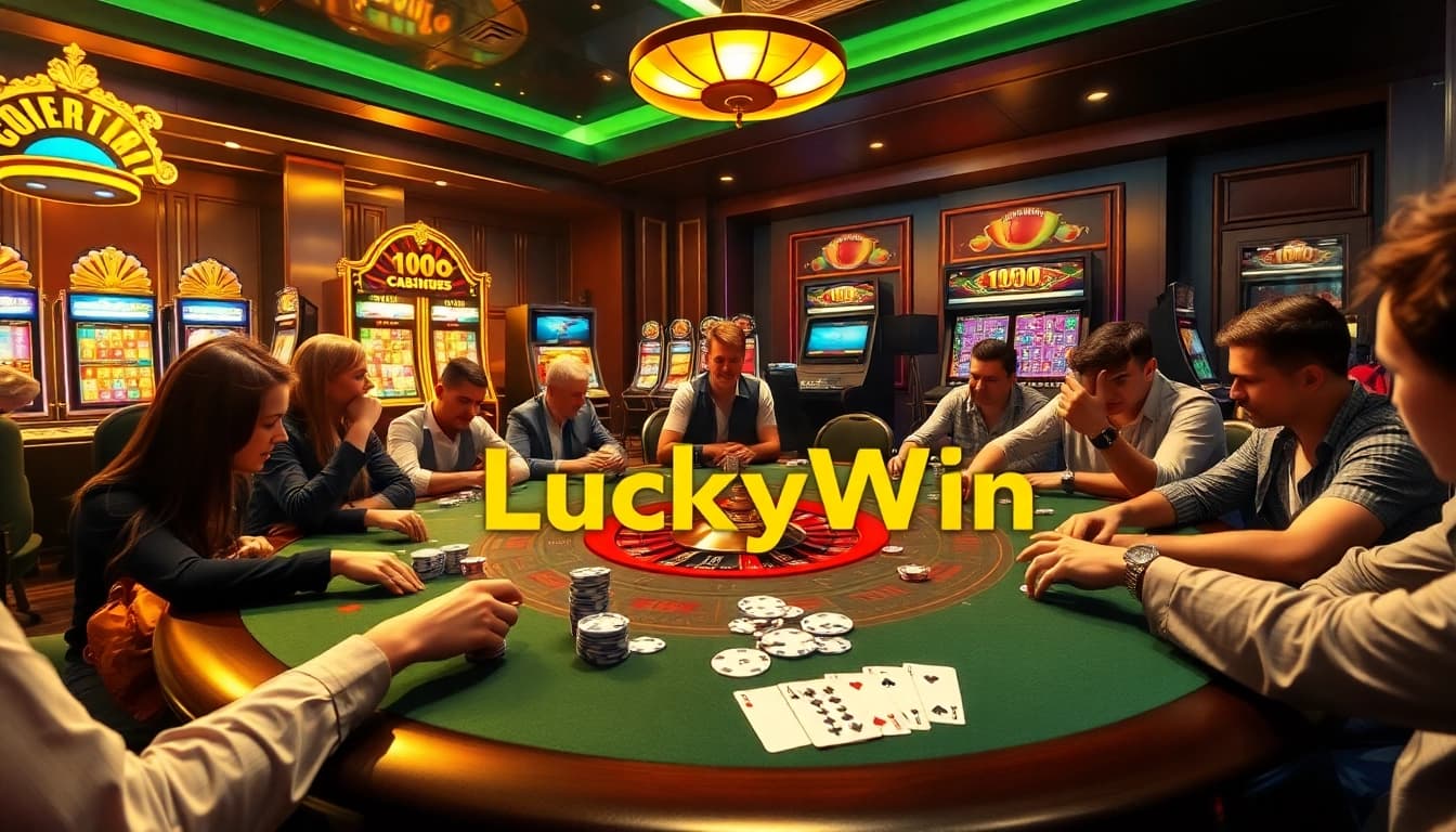 Experience the thrill of LuckyWin at a luxurious casino with engaging poker gameplay and vibrant slot machines.