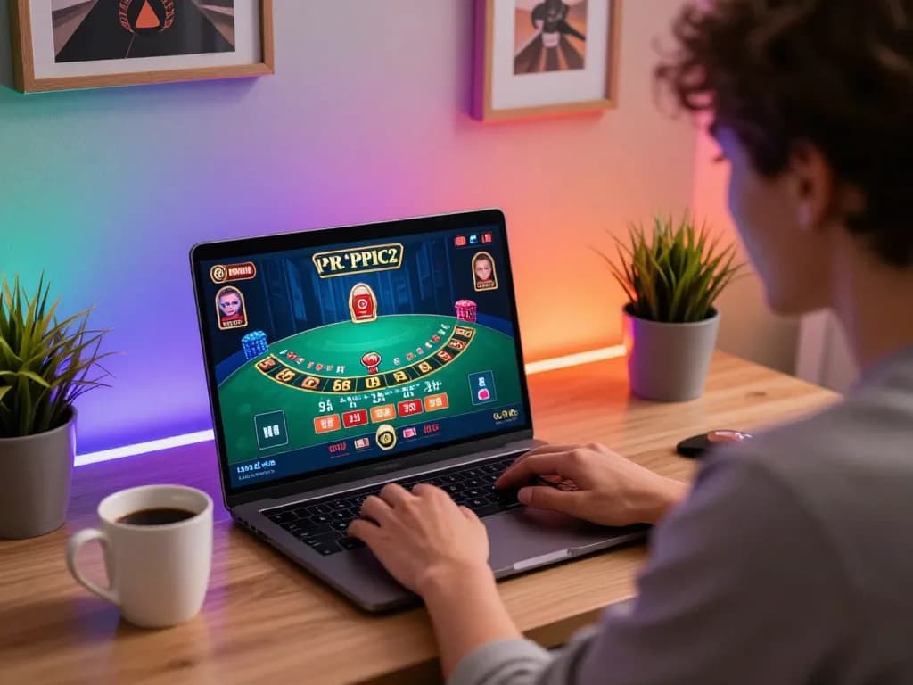 Engaged player at laptop enjoying bl555 live dealer blackjack game in a cozy home setting