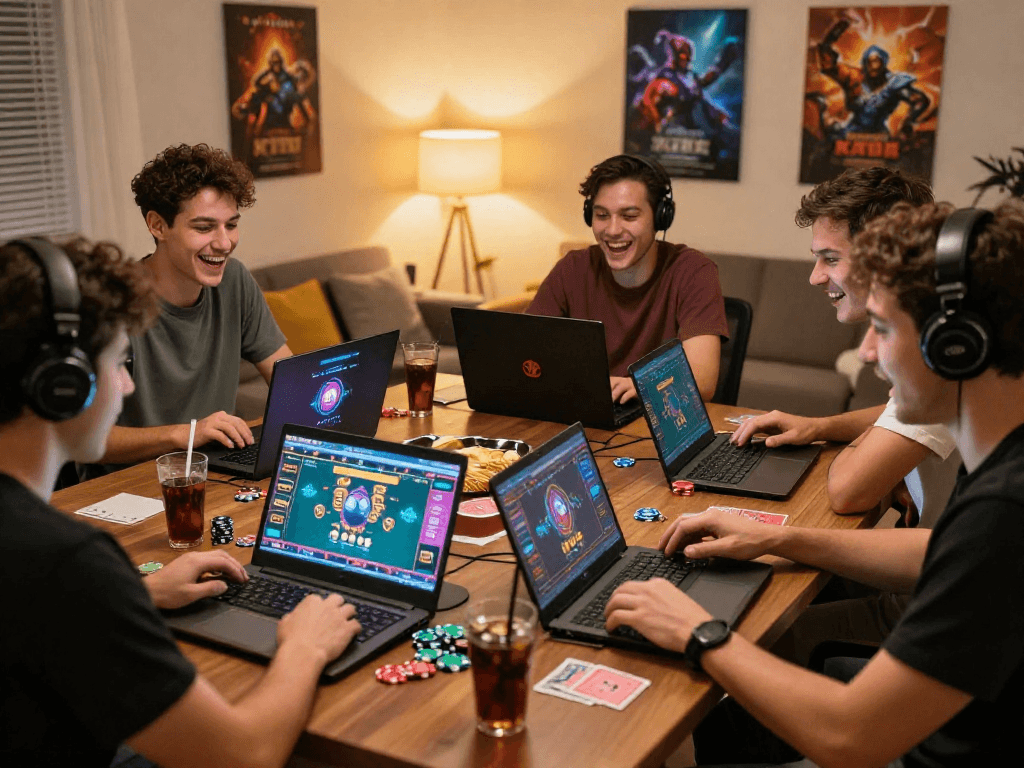 Exciting crypto casino gaming scene with friends at home, laptops and poker chips.