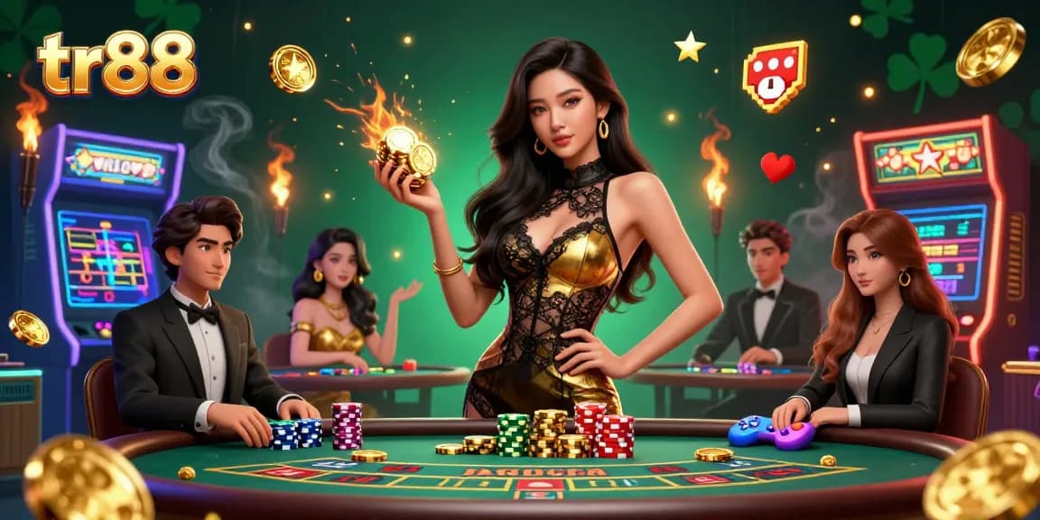Win big at tr88 with a glamorous Asian woman at a baccarat table, surrounded by vibrant casino elements.