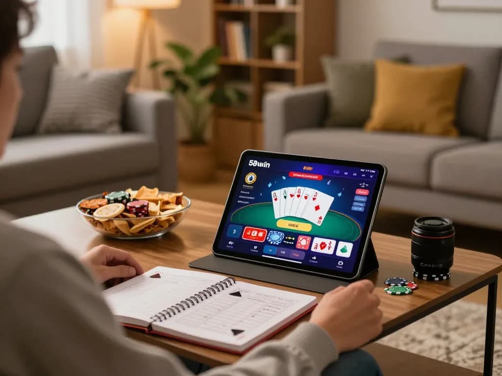 Engaging online gaming experience with 58wiin app displayed on tablet, cozy home setting.