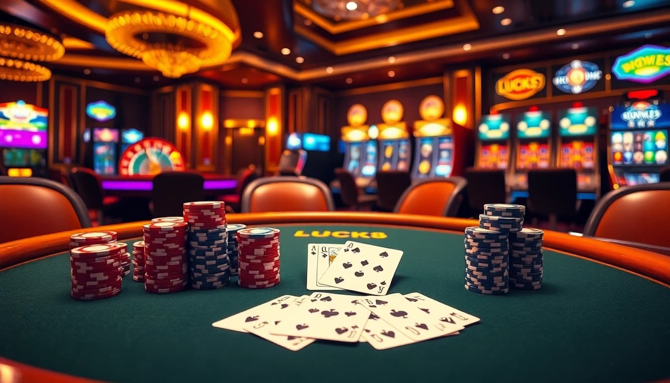 LUCK8 casino table with poker chips and cards showcasing a thrilling game.