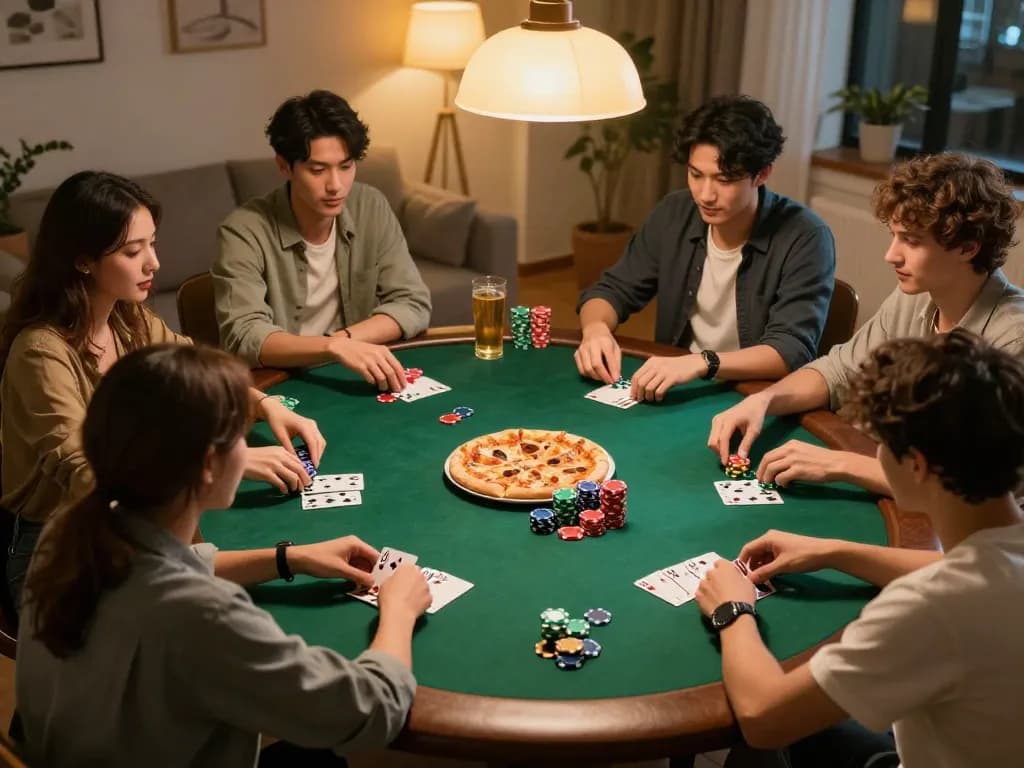 Friends enjoying a lively poker night at home, showcasing strategic plays at tt88.com.